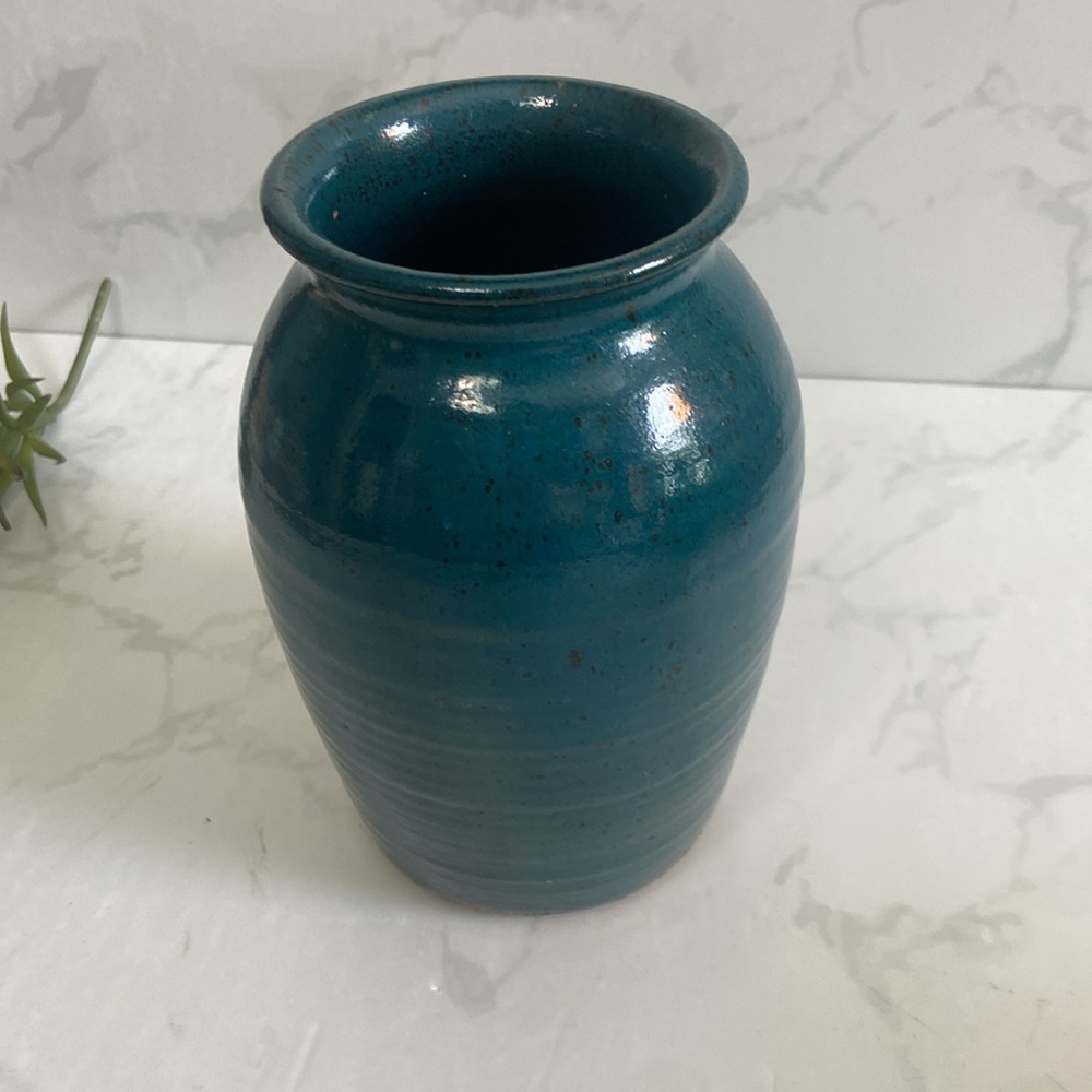 Hand Made Studio Art Pottery Teal Green Blue Stone Vase Home Deco Mike Beebe